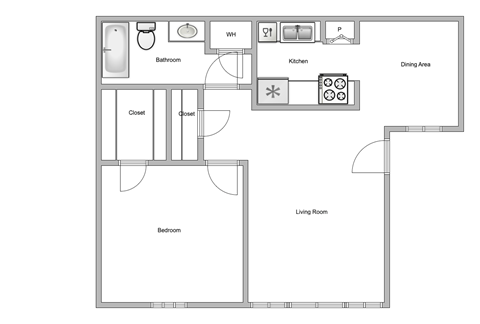 Floor plan for 1 bed, 1 bath, 690 sqft